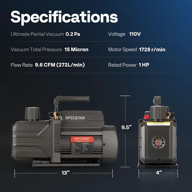 Alt view image 7 of 7 - 1 HP 9.6 CFM 2 Stage AC Vacuum Pump and 4 Way Manifold Gauge Set