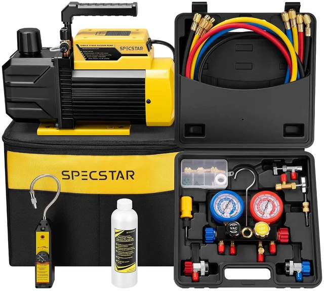 Main image of 1/3 HP 5 CFM 1 Stage AC Vacuum Pump and 4 Way Manifold Gauge Set