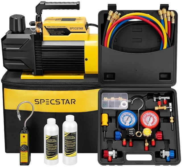 Main image of 3/4 HP 7.2 CFM 2 Stage AC Vacuum Pump and 4 Way Manifold Gauge Set