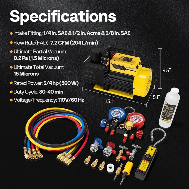 Alt view image 7 of 7 - 3/4 HP 7.2 CFM 2 Stage AC Vacuum Pump and 4 Way Manifold Gauge Set