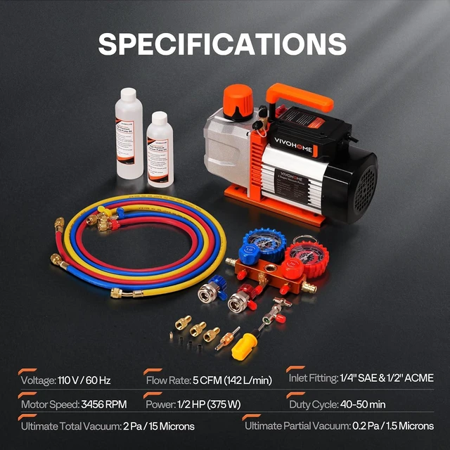 Alt view image 7 of 7 - VG Series 1/2HP 5CFM 2 Stage AC Vacuum Pump and Manifold Gauge Set
