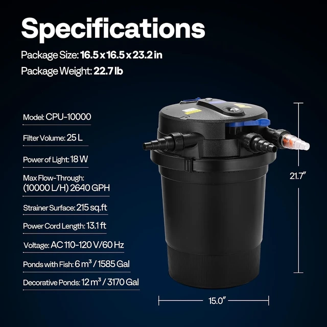 Alt view image 4 of 7 - 2640GPH Auto-Cleaning Pressurized Bio Pond Filter with 18W Light