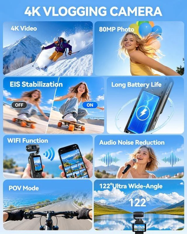 Alt view image 5 of 7 - 4K Vlog Camera with 80MP, WiFi & Face Tracking, 2.2'' Rotatable Touchscreen and 330° Rotating Lens, Portable YouTube Cameras for Content Creators