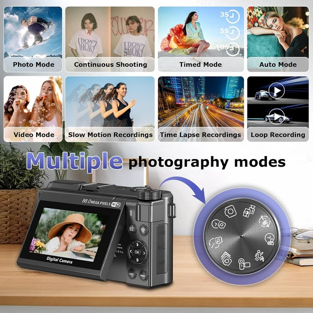 Alt view image 5 of 7 - 8K Digital Camera for Photography, Autofocus Vlogging Camera for YouTube, 18X Zoom & 3" 180° Flip Screen 88MP Travel Camera with 2 Batteries and 32 GB Gard, Gunmetal