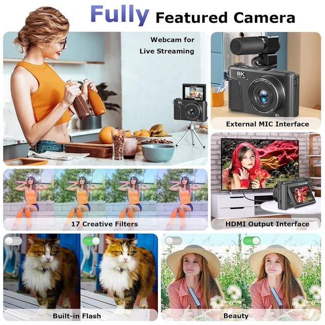 Alt view image 7 of 7 - 8K Digital Camera for Photography, Autofocus Vlogging Camera for YouTube, 18X Zoom & 3" 180° Flip Screen 88MP Travel Camera with 2 Batteries and 32 GB Gard, Gunmetal