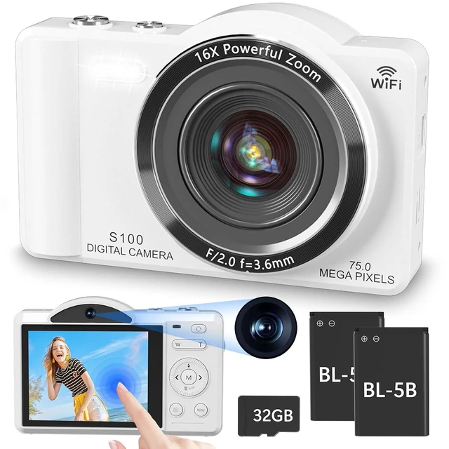 Main image of 4K Digital Camera for Photography, Vlogging Cameras for YouTube with WiFi, Autofocus Touchscreen Point and Shoot Digital Camera for Beginner with 16X Zoom, 32GB Card, 2 Batteries, White