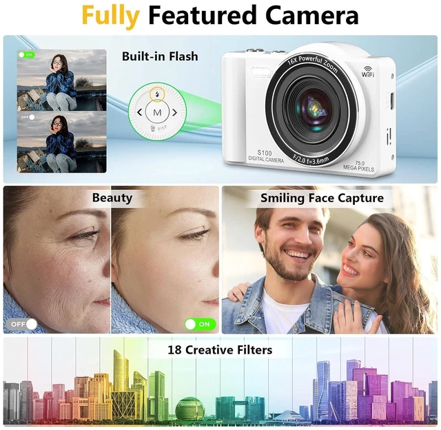 Alt view image 7 of 7 - 4K Digital Camera for Photography, Vlogging Cameras for YouTube with WiFi, Autofocus Touchscreen Point and Shoot Digital Camera for Beginner with 16X Zoom, 32GB Card, 2 Batteries, White