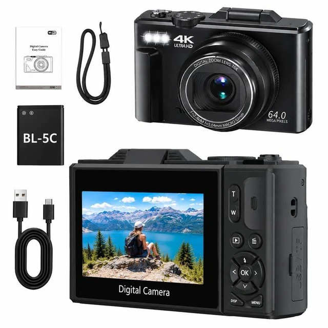 Main image of Photography Camera, Compact 4K Digital Camera with 18X Digital Zoom, 3" 180° Flip Screen, YouTube Vlog for Travel with 2 Batteries
