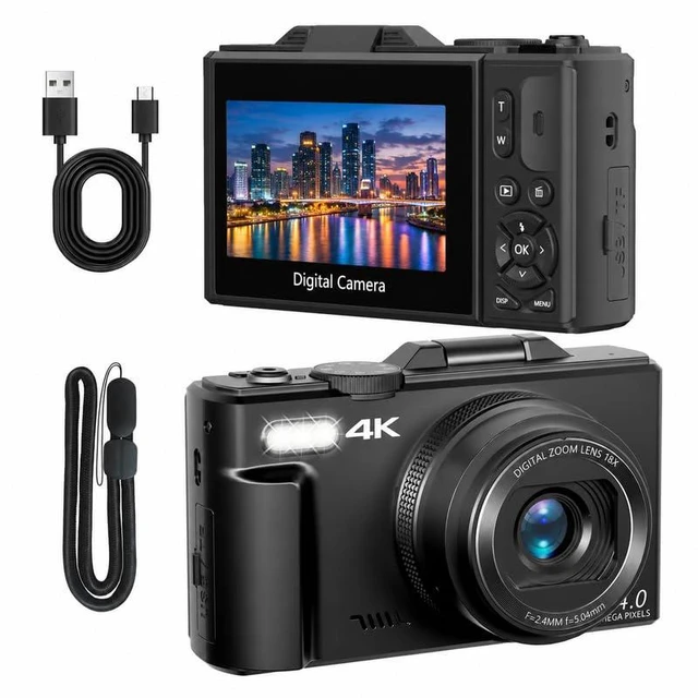 Main image of 4K Travel Camera for YouTube Vlogging, 3" 180° Flip Screen, Compact Digital Camera for Photography, 18X Digital Zoom, 32GB TF Card & 2 Batteries