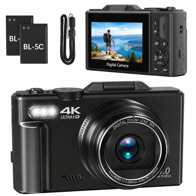 Main image of Travel Vlogging Camera, 4K Digital Camera for YouTube, 18X Digital Zoom and 3" 180° Flip Screen, Compact Photography Vlog with 2 Batteries