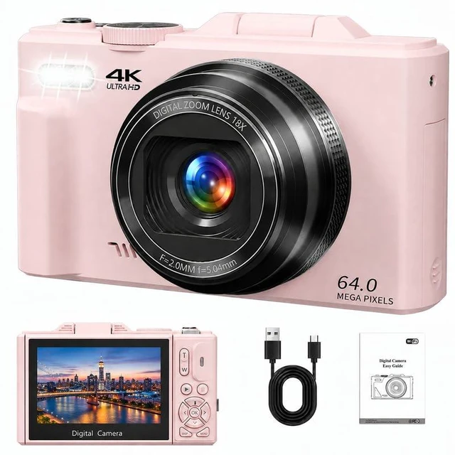 Main image of Compact Photography Camera, 4K Digital Vlogging Camera for YouTube and Travel, 3" 180° Flip Screen, 18X Digital Zoom, Includes 2 Batteries