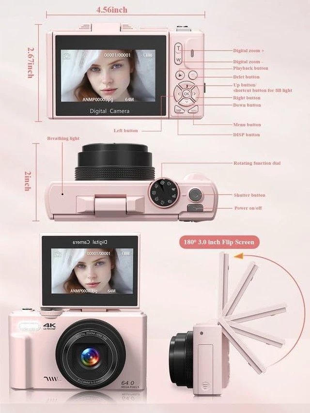 Alt view image 7 of 7 - 4K Digital Camera for Travel, YouTube Vlog Camera with 18X Digital Zoom, Compact Photography Vlog, 3" 180° Flip Screen, 2 Batteries Included