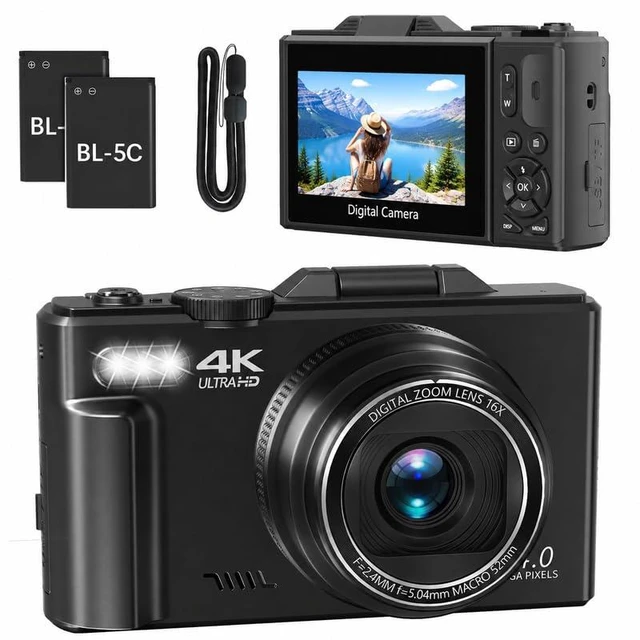 Main image of 32GB TF Card & 2 Batteries, 4K Digital Camera for Photography, 3" 180° Flip Screen, 18X Digital Zoom, Portable YouTube Vlogging Camera for Travel