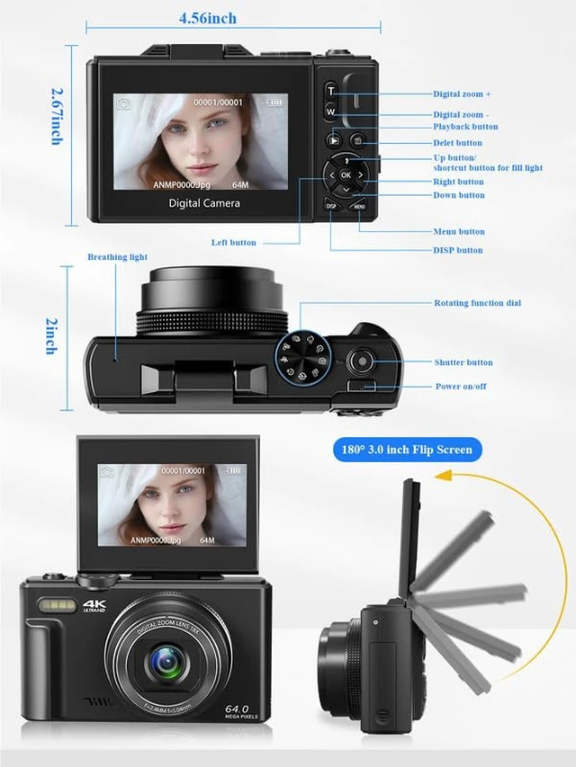 Alt view image 7 of 7 - Travel Vlogging Camera, 4K Digital Camera for YouTube, 18X Digital Zoom and 3" 180° Flip Screen, Compact Photography Vlog with 2 Batteries