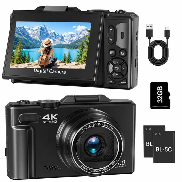 Main image of 18X Digital Zoom 4K Camera, Compact Vlogging Camera for YouTube and Travel, 3" 180° Flip Screen, Digital Photography Vlog with 2 Batteries