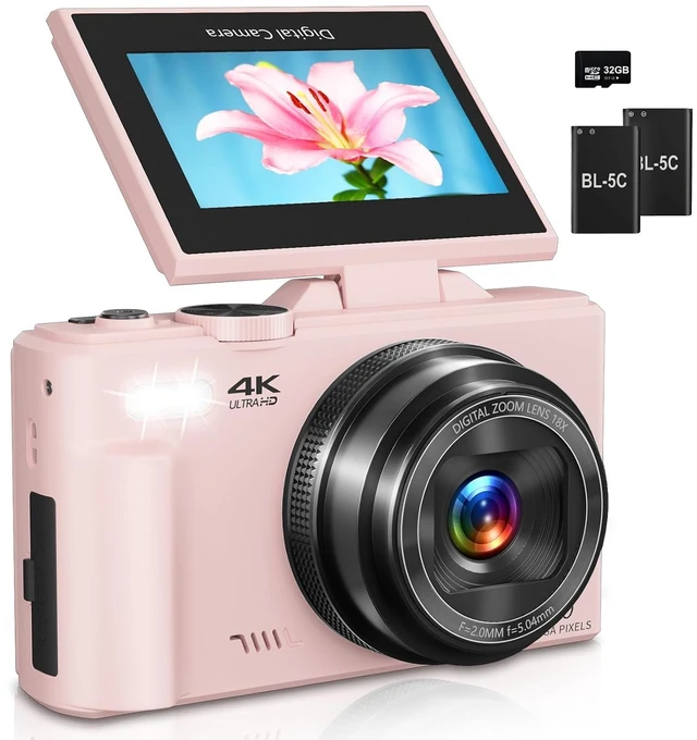 Main image of Digital Camera for Photography, 4K Vlogging Camera for YouTube 3" 180° Flip Screen 18X Digital Zoom Compact Cameras with 32GB TF Card & 2 Batteries, Pink