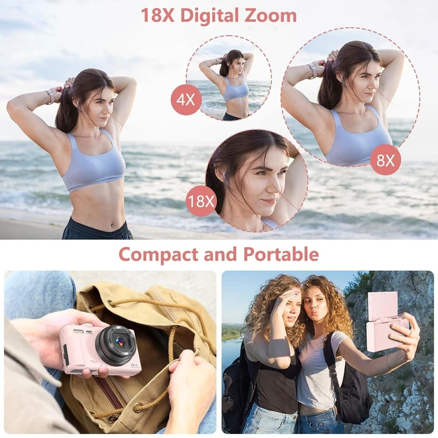 Alt view image 4 of 7 - Digital Camera for Photography, 4K Vlogging Camera for YouTube 3" 180° Flip Screen 18X Digital Zoom Compact Cameras with 32GB TF Card & 2 Batteries, Pink