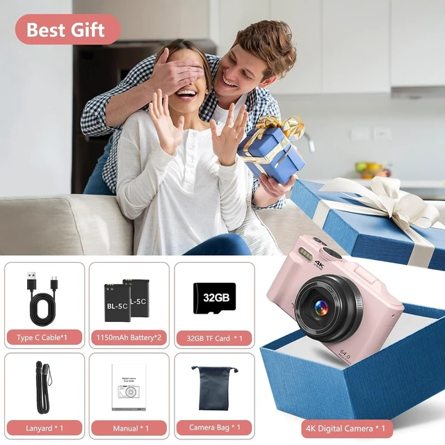 Alt view image 7 of 7 - Digital Camera for Photography, 4K Vlogging Camera for YouTube 3" 180° Flip Screen 18X Digital Zoom Compact Cameras with 32GB TF Card & 2 Batteries, Pink