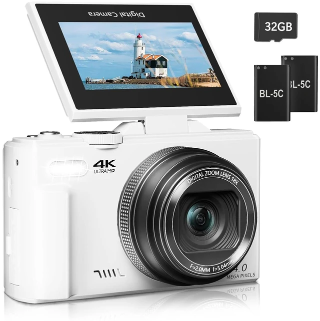 Main image of Digital Camera for Photography, 4K Vlogging Camera for YouTube 3" 180° Flip Screen 18X Digital Zoom Compact Cameras with 32GB TF Card & 2 Batteries, White