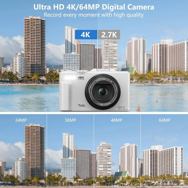 Alt view image 2 of 7 - Digital Camera for Photography, 4K Vlogging Camera for YouTube 3" 180° Flip Screen 18X Digital Zoom Compact Cameras with 32GB TF Card & 2 Batteries, White
