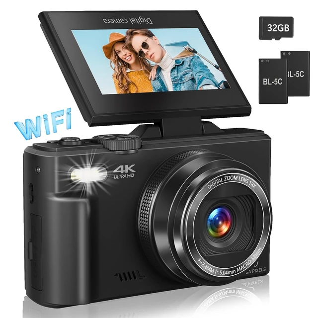 Main image of Digital Camera for Photography, 4K Vlogging Camera for YouTube 3" 180° Flip Screen 18X Digital Zoom Compact Retro Cameras with 32GB TF Card & 2 Batteries, Black