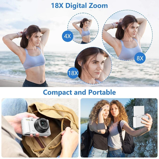 Alt view image 4 of 7 - Digital Camera for Photography, 4K Vlogging Camera for YouTube 3" 180° Flip Screen 18X Digital Zoom Compact Cameras with 32GB TF Card & 2 Batteries, White