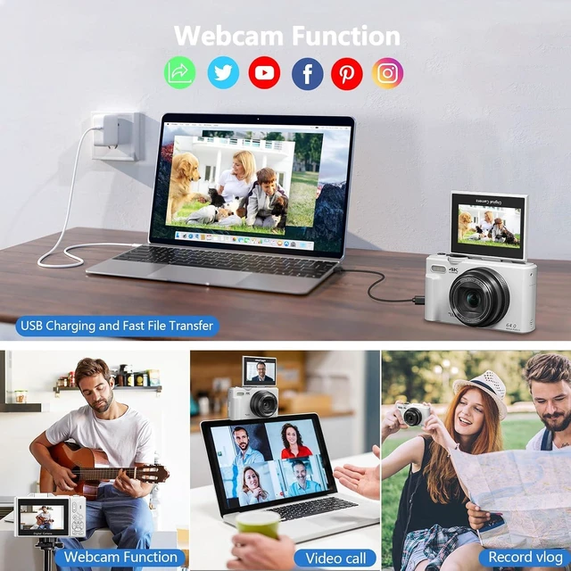 Alt view image 6 of 7 - Digital Camera for Photography, 4K Vlogging Camera for YouTube 3" 180° Flip Screen 18X Digital Zoom Compact Cameras with 32GB TF Card & 2 Batteries, White