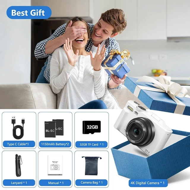 Alt view image 7 of 7 - Digital Camera for Photography, 4K Vlogging Camera for YouTube 3" 180° Flip Screen 18X Digital Zoom Compact Cameras with 32GB TF Card & 2 Batteries, White