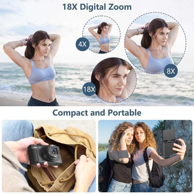 Alt view image 6 of 7 - Digital Camera for Photography, 4K Vlogging Camera for YouTube 3" 180° Flip Screen 18X Digital Zoom Compact Retro Cameras with 32GB TF Card & 2 Batteries, Black