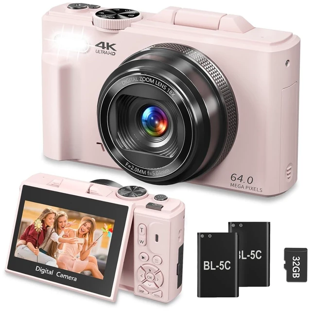 Main image of 4K Digital Camera for Photography, 64MP Vlogging Camera for YouTube, WiFi Vlog Cameras with 18X Digital Zoom, 3'' Flip Screen and 32GB TF Card, Pink