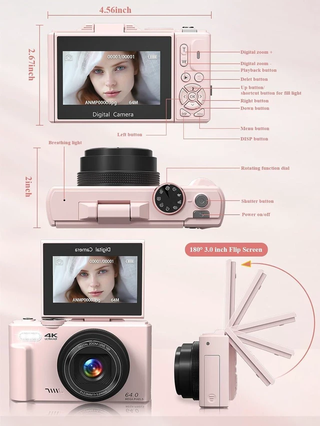 Alt view image 7 of 7 - 4K Digital Camera, 64MP Vlogging Camera with 180° Flip Screen