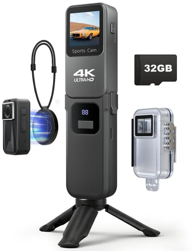 Main image of 4K Action Body Camera, Wearable POV Sports Cam, 48MP WiFi Vlogging Camera with 1.3'' Touchscreen, Thumb Cameras with 1600mAh Power Handle & Magnetic Pendant for Motorcycle Bike Cycling Underwater