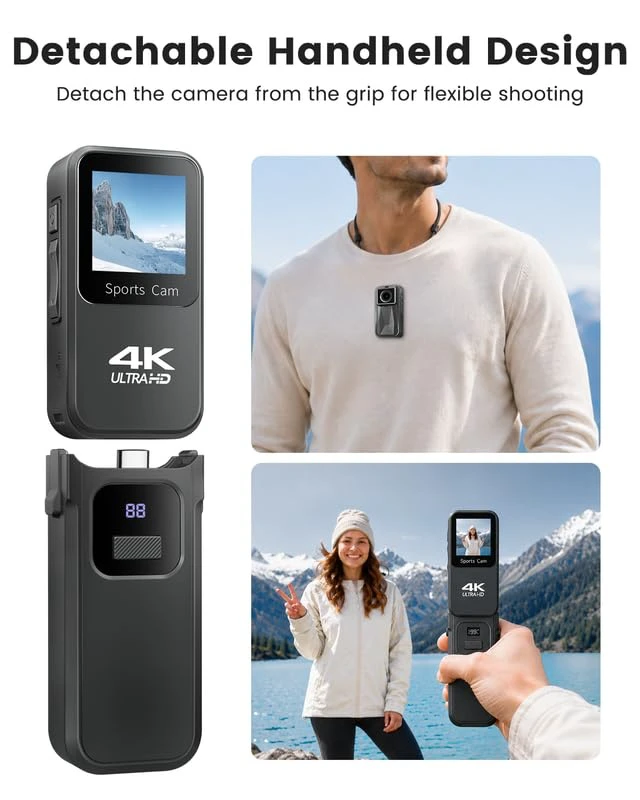 Alt view image 2 of 7 - 4K Action Body Camera, Wearable POV Sports Cam, 48MP WiFi Vlogging Camera with 1.3'' Touchscreen, Thumb Cameras with 1600mAh Power Handle & Magnetic Pendant for Motorcycle Bike Cycling Underwater