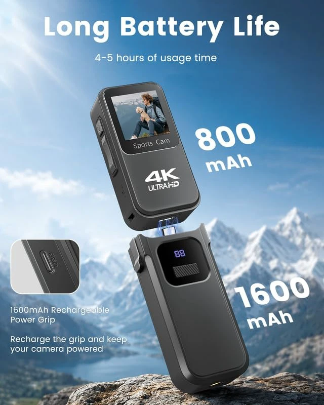 Alt view image 3 of 7 - 4K Action Body Camera, Wearable POV Sports Cam, 48MP WiFi Vlogging Camera with 1.3'' Touchscreen, Thumb Cameras with 1600mAh Power Handle & Magnetic Pendant for Motorcycle Bike Cycling Underwater