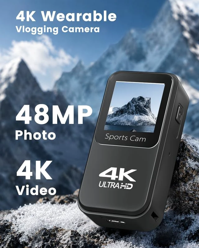 Alt view image 4 of 7 - 4K Action Body Camera, Wearable POV Sports Cam, 48MP WiFi Vlogging Camera with 1.3'' Touchscreen, Thumb Cameras with 1600mAh Power Handle & Magnetic Pendant for Motorcycle Bike Cycling Underwater
