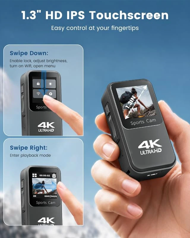 Alt view image 5 of 7 - 4K Action Body Camera, Wearable POV Sports Cam, 48MP WiFi Vlogging Camera with 1.3'' Touchscreen, Thumb Cameras with 1600mAh Power Handle & Magnetic Pendant for Motorcycle Bike Cycling Underwater
