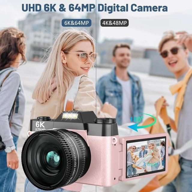 Alt view image 2 of 7 - Digital Camera, 6K Digital Cameras with 16X Zoom for Photography, 180° Flip Screen, WiFi, 2 Batteries with 52mm Wide Angle & Macro Lenses