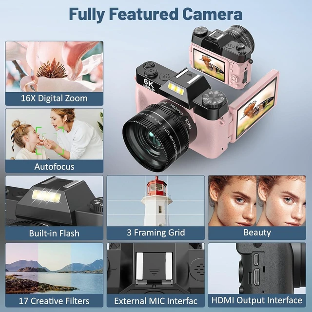 Alt view image 5 of 7 - Digital Camera, 6K Digital Cameras with 16X Zoom for Photography, 180° Flip Screen, WiFi, 2 Batteries with 52mm Wide Angle & Macro Lenses