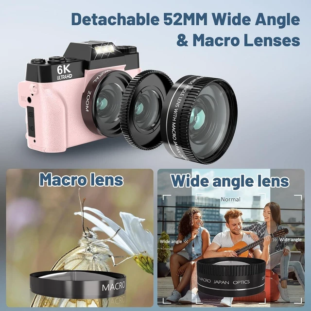 Alt view image 7 of 7 - Digital Camera, 6K Digital Cameras with 16X Zoom for Photography, 180° Flip Screen, WiFi, 2 Batteries with 52mm Wide Angle & Macro Lenses