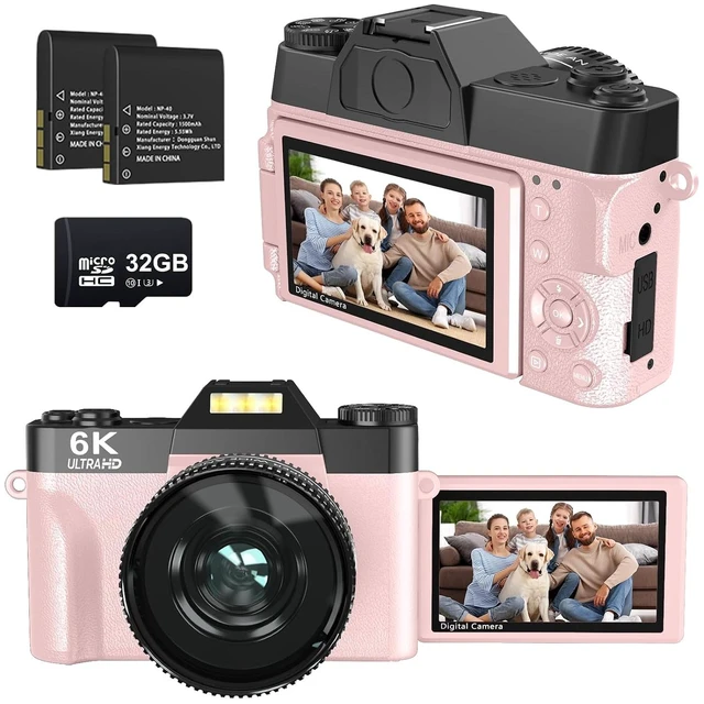 Main image of Digital Camera, 6K Digital Cameras with 16X Zoom for Photography, 180° Flip Screen, WiFi, 2 Batteries with 52mm Wide Angle & Macro Lenses