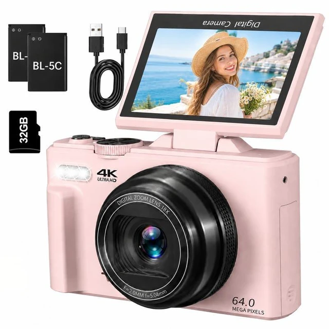 Main image of YouTube Camera for Travel, 4K Vlogging Camera with 18X Digital Zoom and 3" 180° Flip Screen, Compact Digital Vlog for Photography with 32GB TF Card