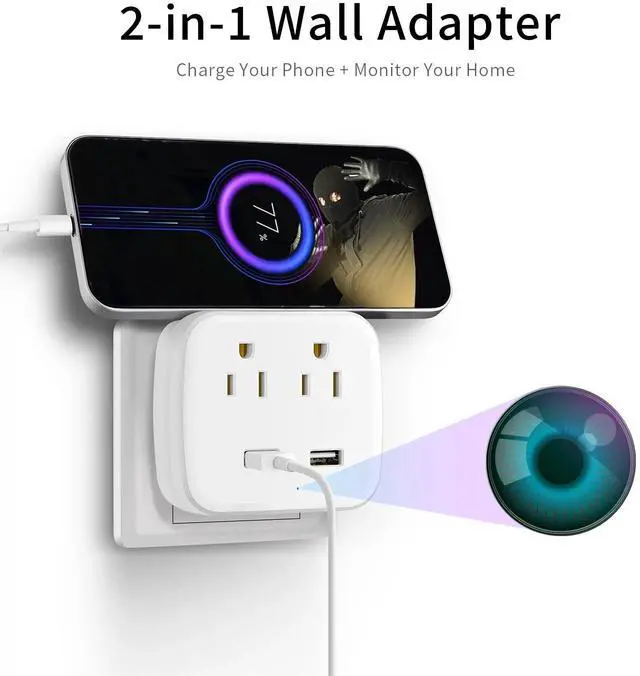 Alt view image 2 of 7 - Aiacmea WiFi Mini Camera 1080P HD  Wall Outlet Camera with Motion Detection, Cloud & SD Storage, Dual AC Plug Outlets & USB Charging Ports  Indoor Monitoring for Home, Office, and More