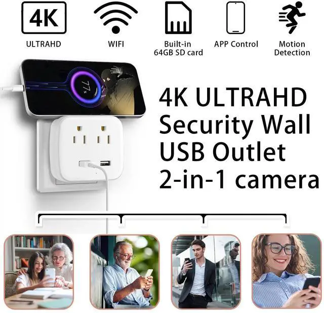Alt view image 4 of 7 - Aiacmea WiFi Mini Camera 1080P HD  Wall Outlet Camera with Motion Detection, Cloud & SD Storage, Dual AC Plug Outlets & USB Charging Ports  Indoor Monitoring for Home, Office, and More