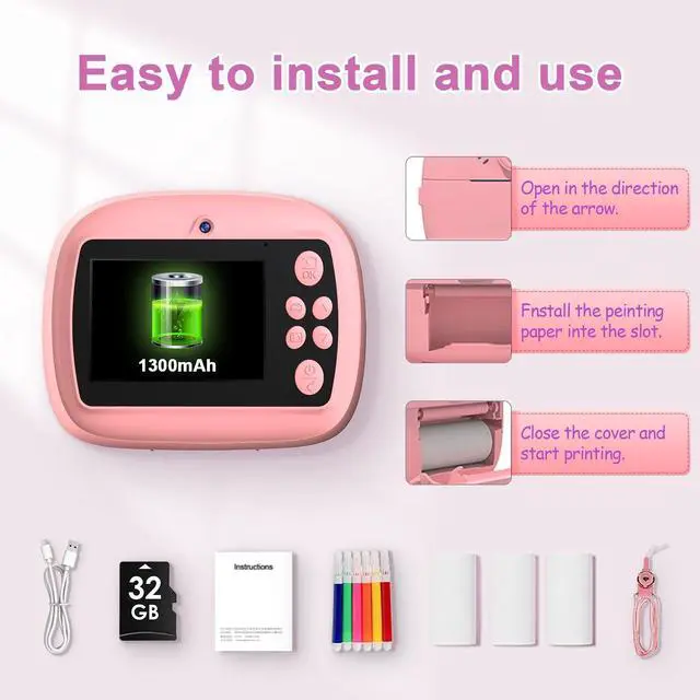 Alt view image 5 of 6 - Kids Camera Instant Print, Christmas Birthday Gifts for Kids Age 3-12, Selfie Digital Camera with 1080P Videos,Toddler Portable Travel Camera Toy for 4 5 6 7 8 9 Year Old Boys