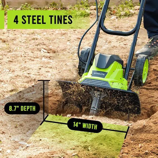 Alt view image 5 of 7 - Steelite 14-Inch Corded Electric Tiller,10-Amp Electric Tiller and Cultivator for Gardening, Lightweight Rototiller