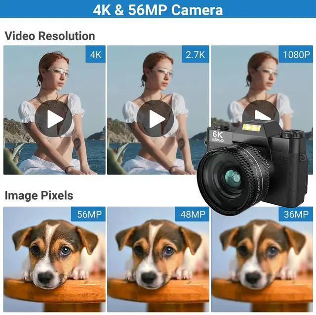 Alt view image 5 of 7 - Digital Camera 6K 64MP Wifi Vlogging Cameras for YouTube 3''180° Flip Screen 16X Zoom 32GB SD Card 52mm Lens Black