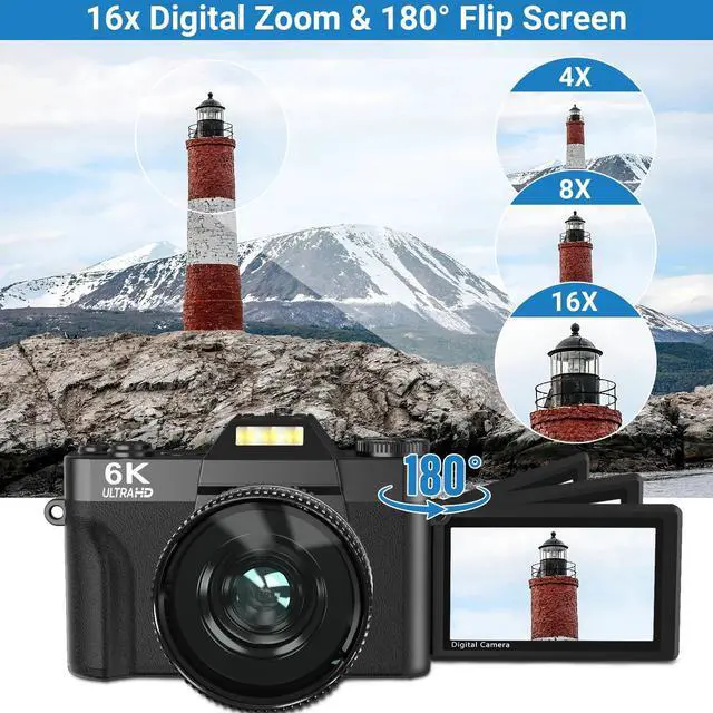 Alt view image 3 of 7 - Digital Camera 6K 64MP Wifi Vlogging Cameras for YouTube 3''180° Flip Screen 16X Zoom 32GB SD Card 52mm Lens Black