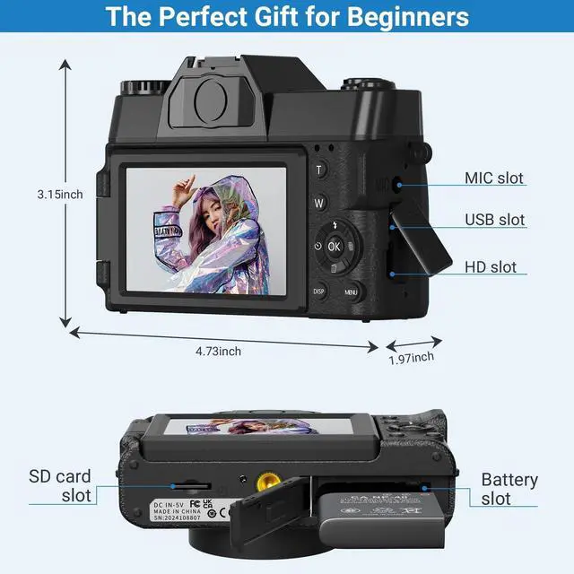 Alt view image 6 of 7 - Digital Camera 6K 64MP Wifi Vlogging Cameras for YouTube 3''180° Flip Screen 16X Zoom 32GB SD Card 52mm Lens Black