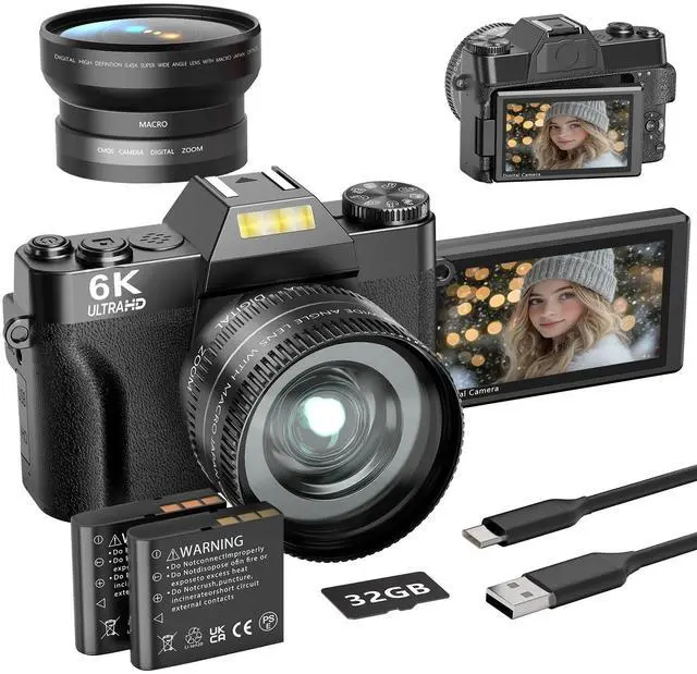 Main image of Digital Camera 6K 64MP Wifi Vlogging Cameras for YouTube 3''180° Flip Screen 16X Zoom 32GB SD Card 52mm Lens Black