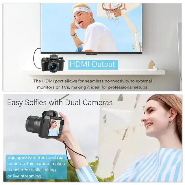 Alt view image 2 of 6 - Digital Camera for Photography 4k 64MP WiFi 4.0'' Touch Screen Dual Lens Vologging Cameras for YouTube with 32GB SD Card 3000mAH Battery Black